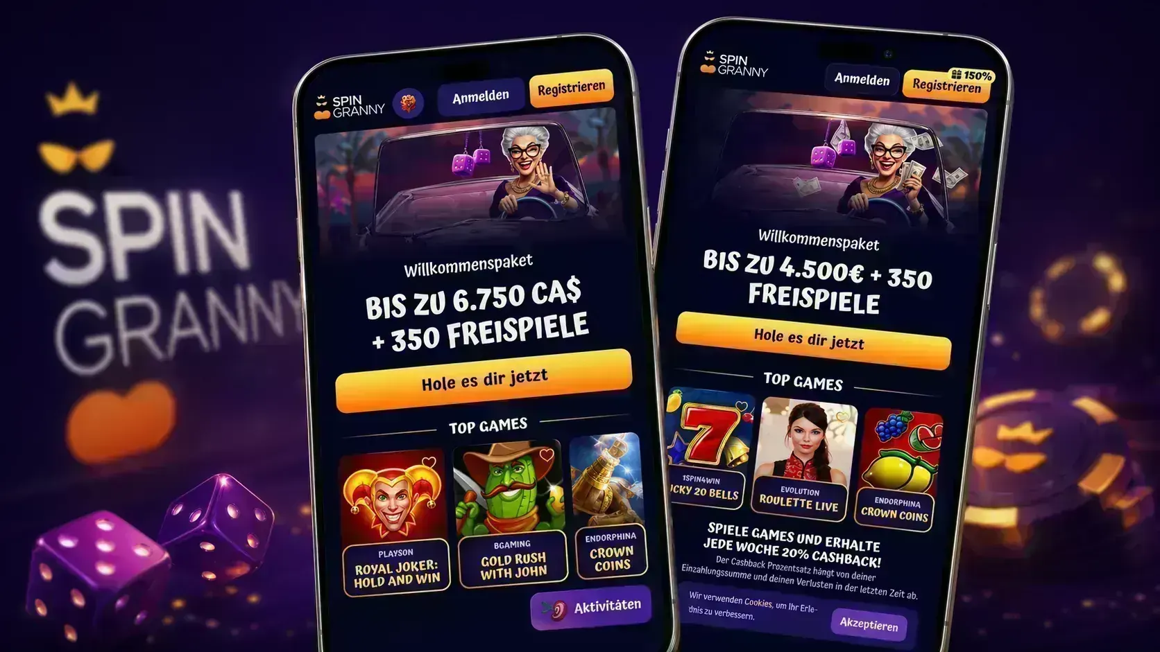 Spingranny Benutzeroberfläche mit Navigation und Spielbereich